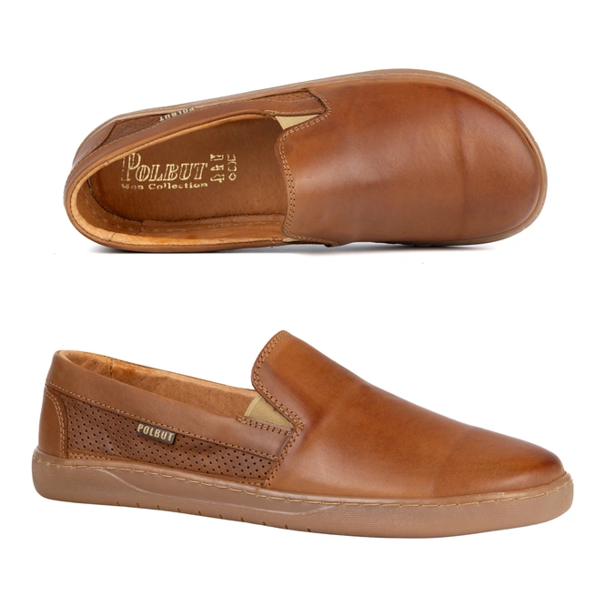 Męskie półbuty skórzane wsuwane Wide Toe - kolor camel